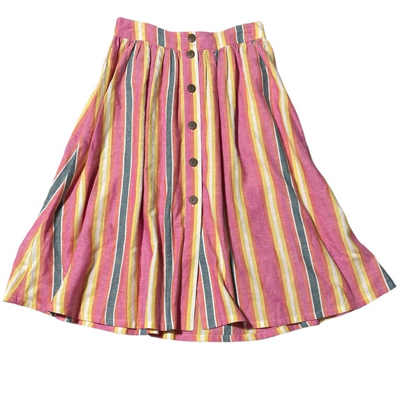 Sunrise stripe A-Line Button-front linen multi colored striped retro midi skirt - Picture 3 of 8